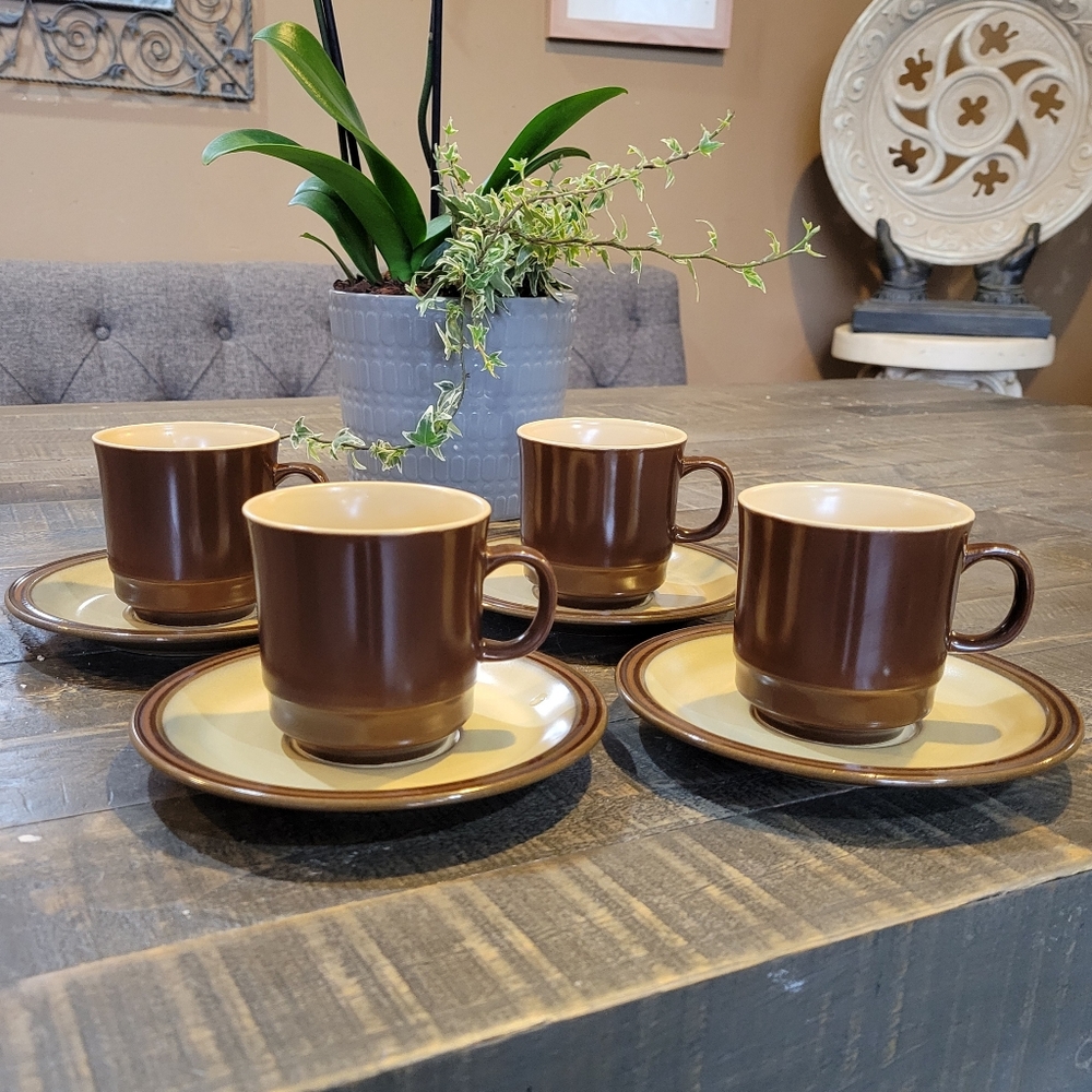 Set Of 4 Brown Vintage Haniwa Cups And Saucers Genuine Japan Stoneware